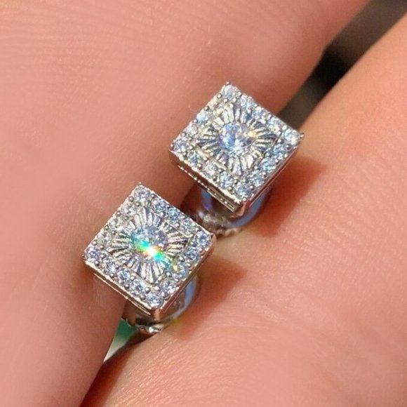 UNISEX Real Solid Sterling Silver Iced Earrings - Picture 2 of 8